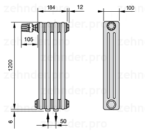 Схема (чертеж) Радиатор Zehnder Charleston 3120/4 №V007 Белый глянцевый RAL 9016